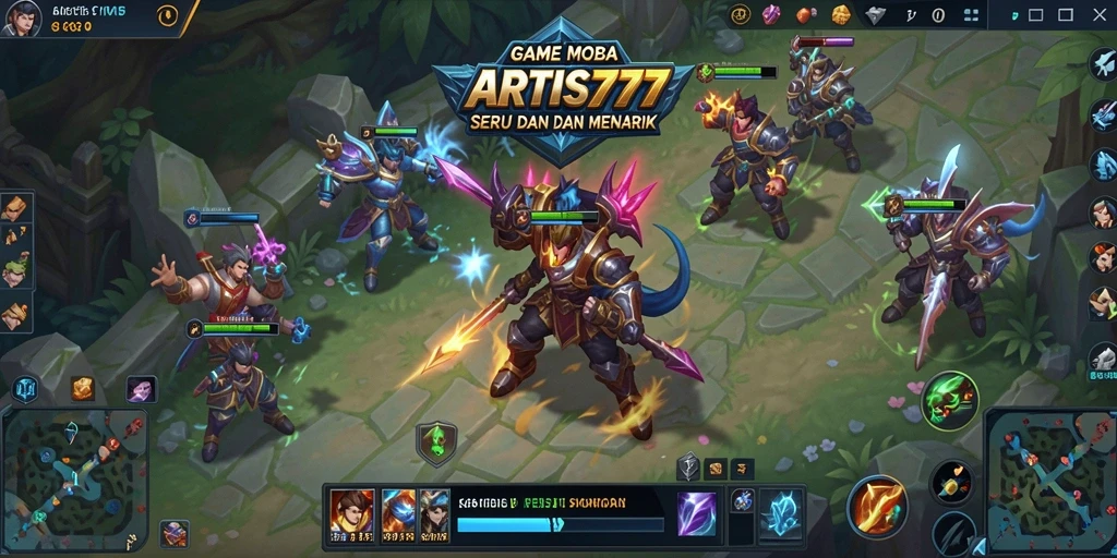 Tangkapan layar utama ARTIS777 menampilkan aksi gameplay MOBA yang intens.