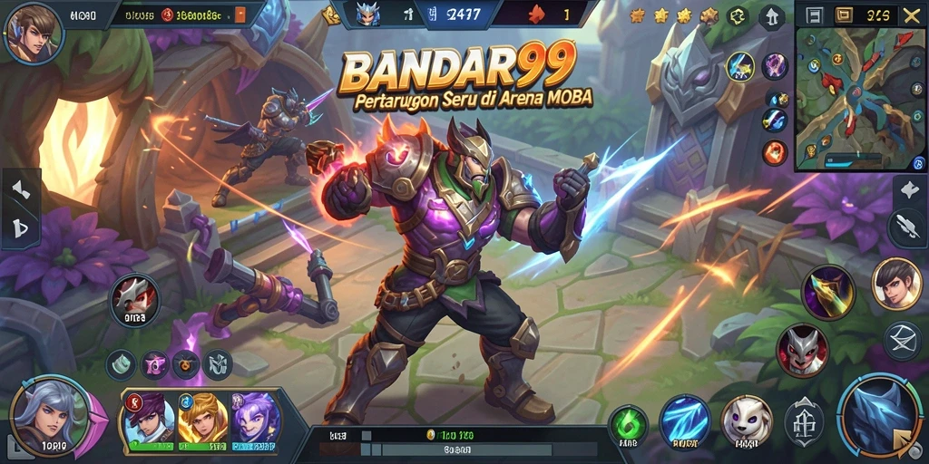 Tampilan seru dalam permainan MOBA BANDAR99 dengan aksi hero yang mendebarkan.