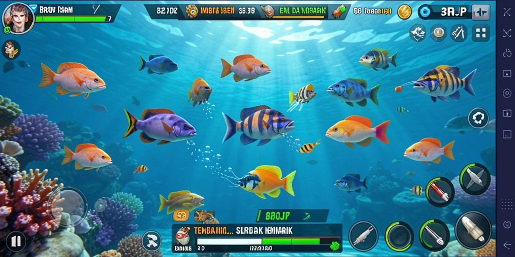 Tampilan gameplay menarik dari BROJP saat menangkap ikan.