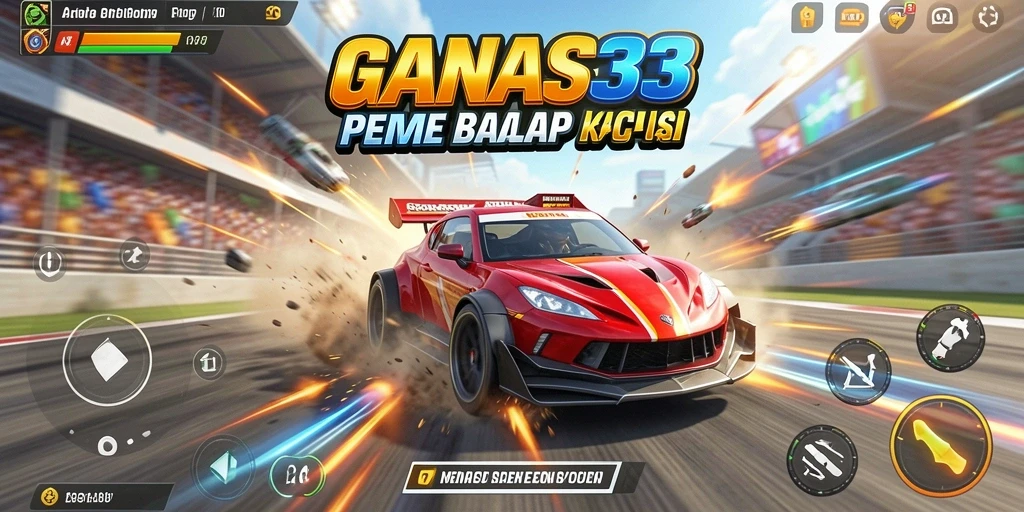 Screenshot utama GANAS33 menampilkan aksi balap yang mendebarkan di lintasan.