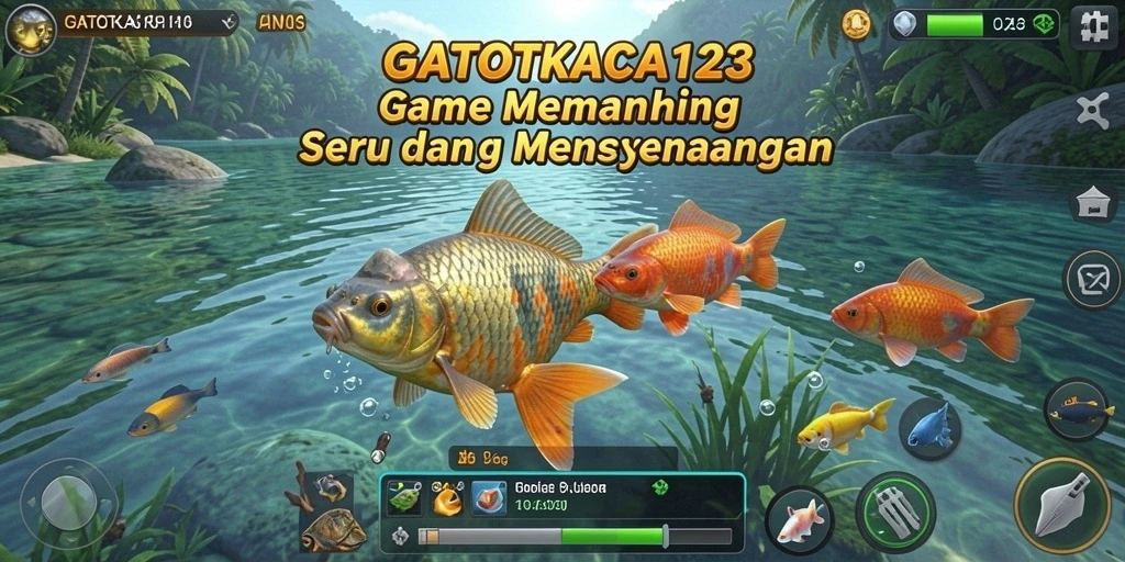 Screenshot gameplay GATOTKACA123 menunjukkan momen menangkap ikan di danau.