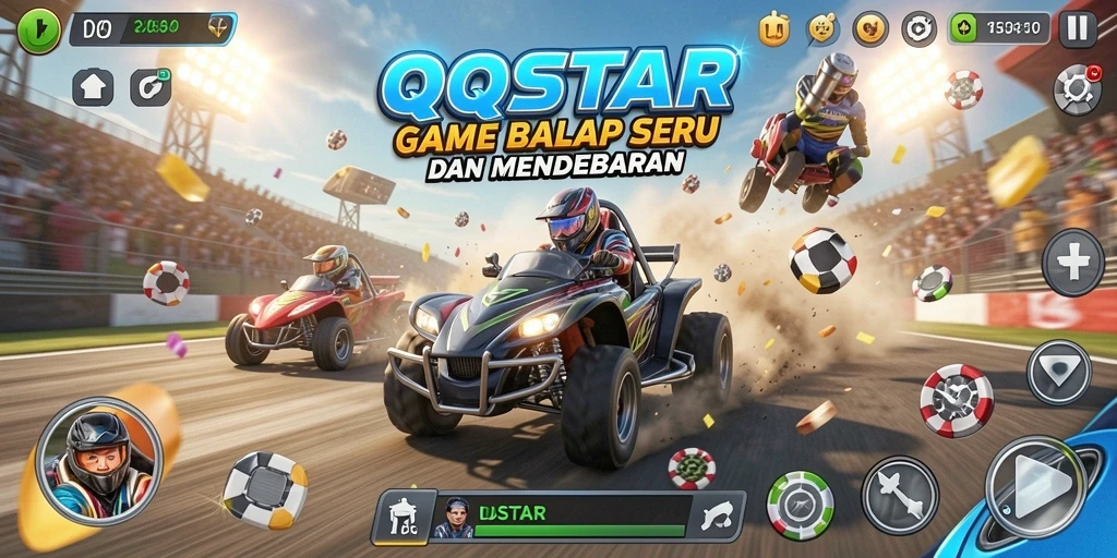 Tampilan gameplay mendebarkan di QQSTAR yang menampilkan balapan seru.